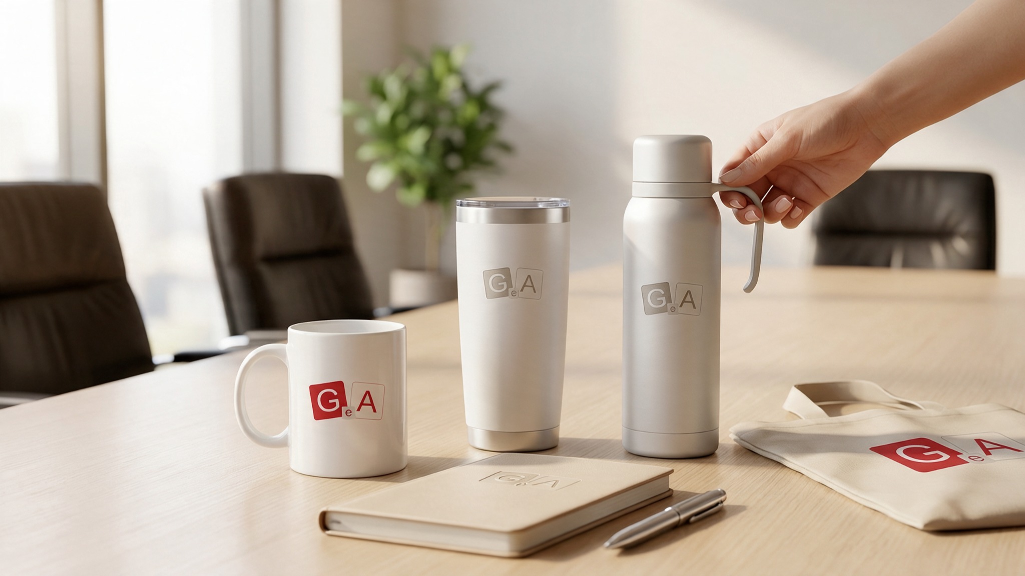 Caneca, copo térmico com gravação a laser GeA, garrafa e caderno sobre uma mesa de reunião